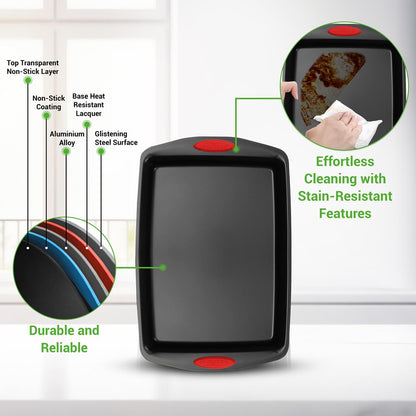 Plaques de cuisson pour four de cuisine - Ensemble de moules à pâtisserie en acier au carbone avec revêtement antiadhésif noir à l'intérieur et à l'extérieur avec poignées en silicone rouge (6 pièces) 