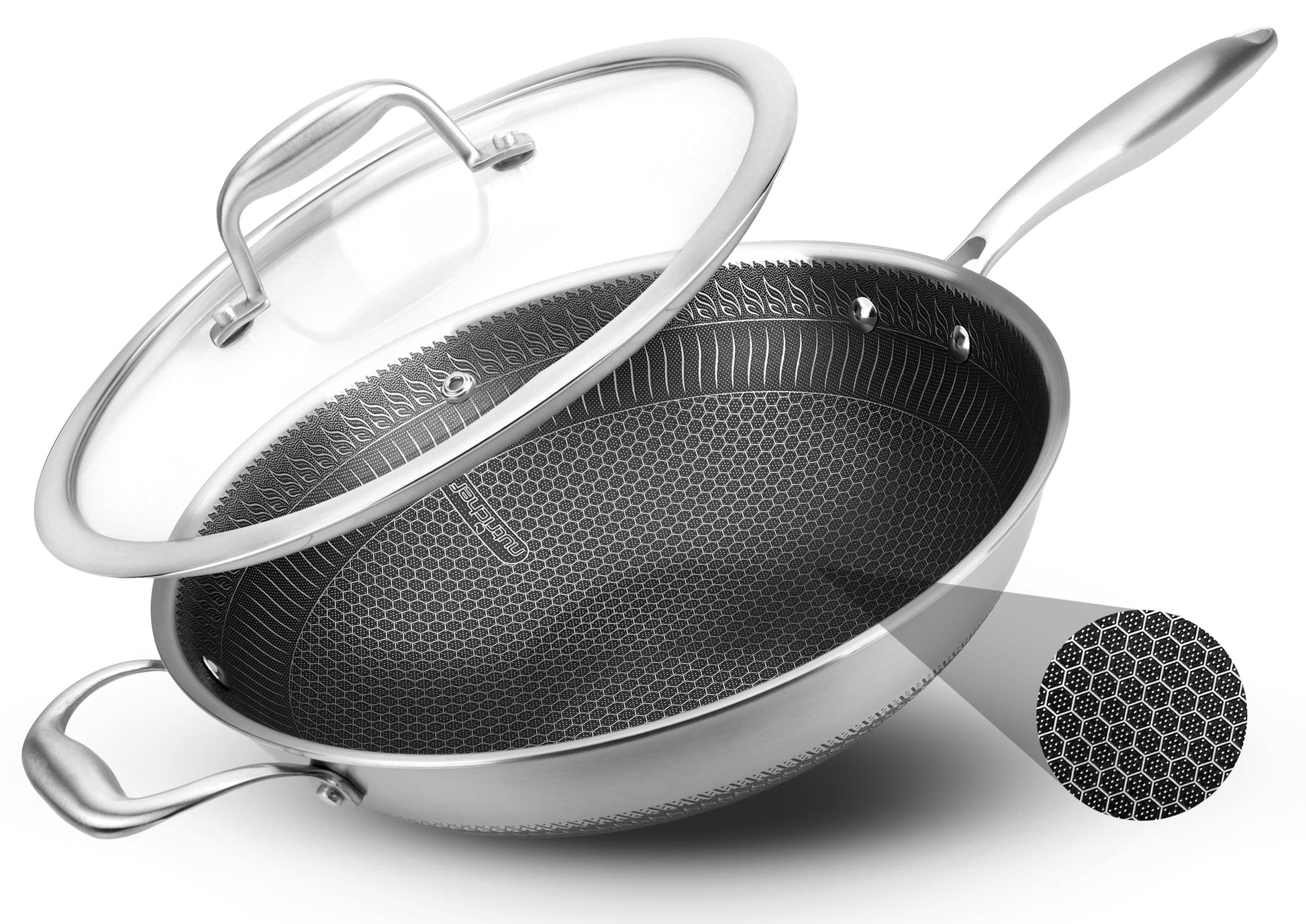 Stainless steel wok with honeycomb pattern and lid on a white background