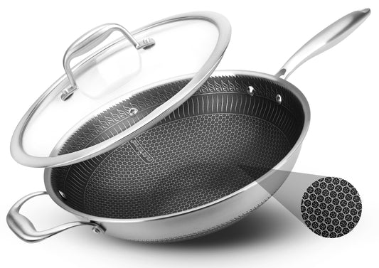 Stainless steel wok with honeycomb pattern and lid on a white background