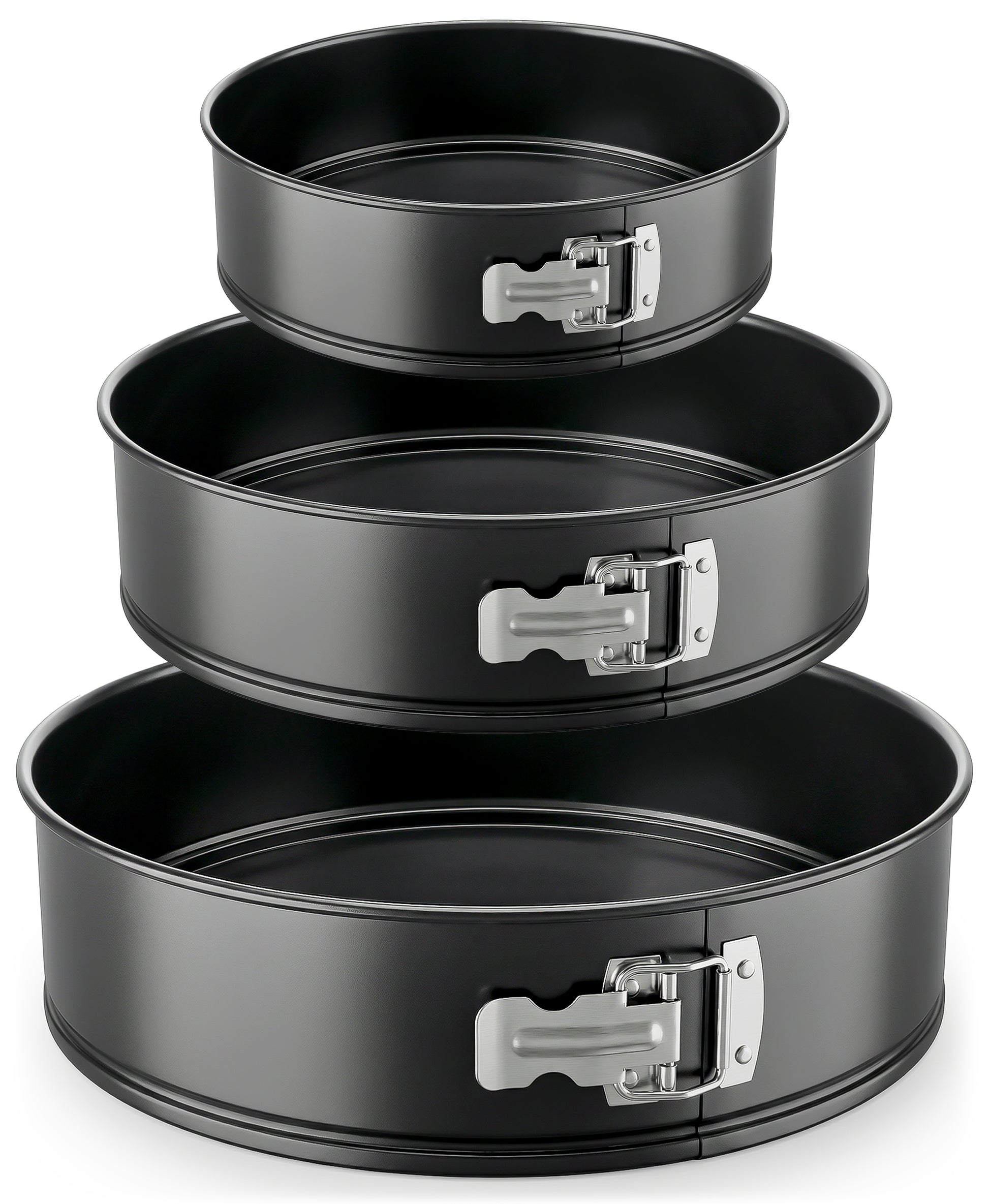Set of three black springform pans with metal clamps on a white background