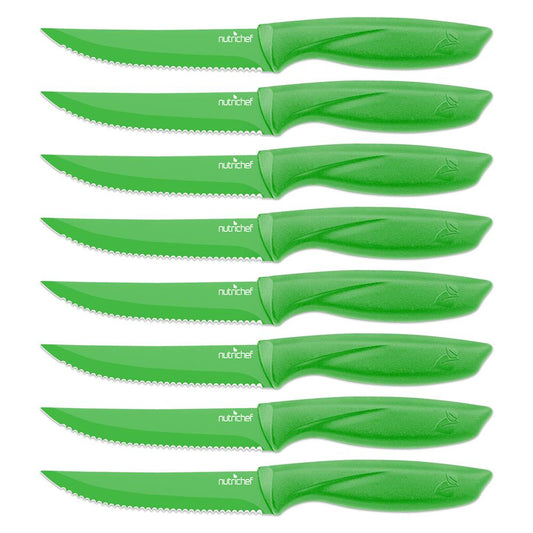 8 Pcs. Steak Knives Set - Non-Stick Coating Knives Set With Stainless Steel Blades, Unbreakable Knives, Great For Bbq Grill (Green)