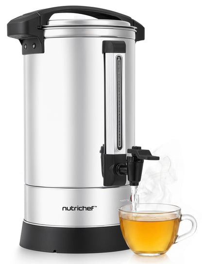 NutriChef stainless steel tea dispenser with a cup of tea on a white background