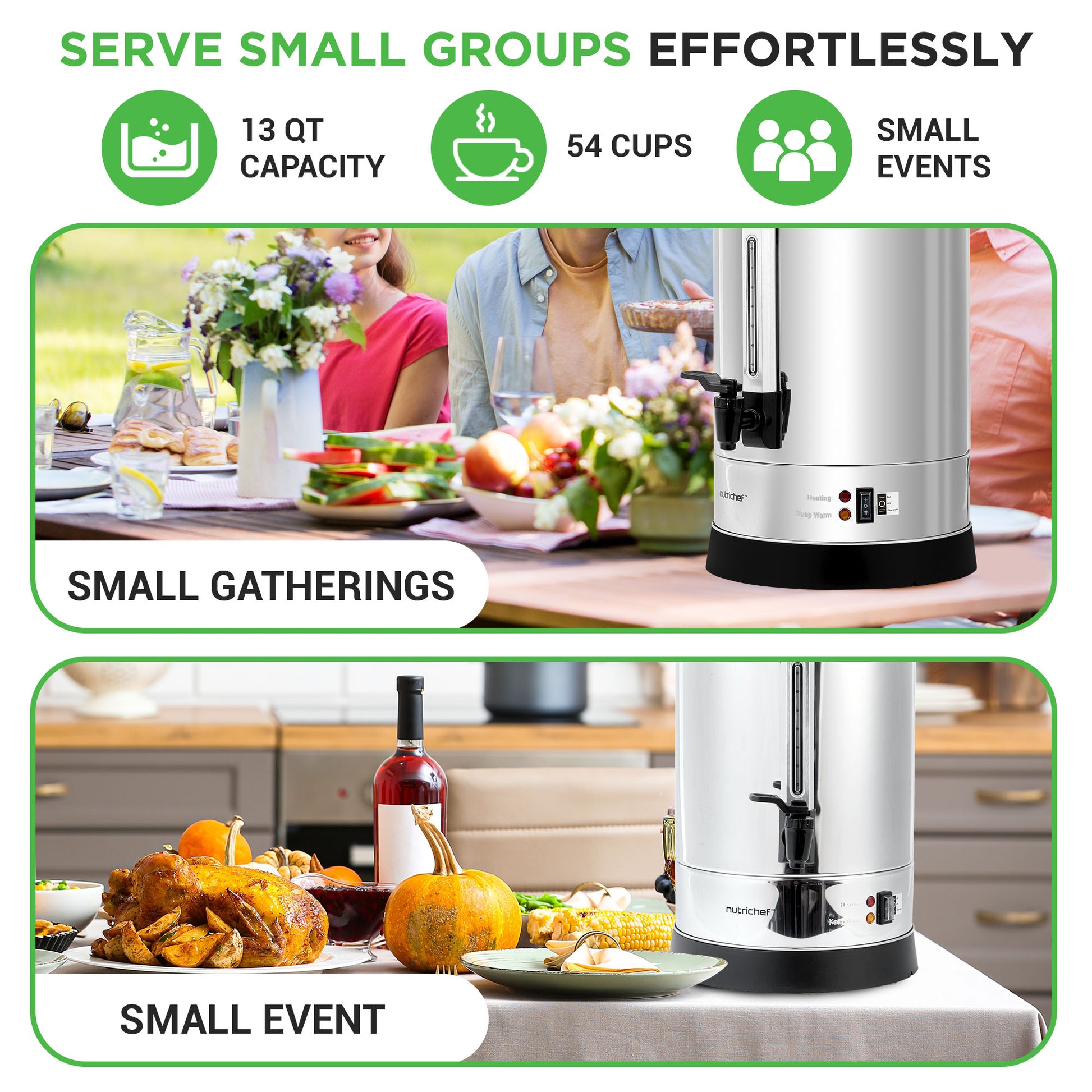 Beverage dispenser with text highlighting its capacity and use for small gatherings and events.