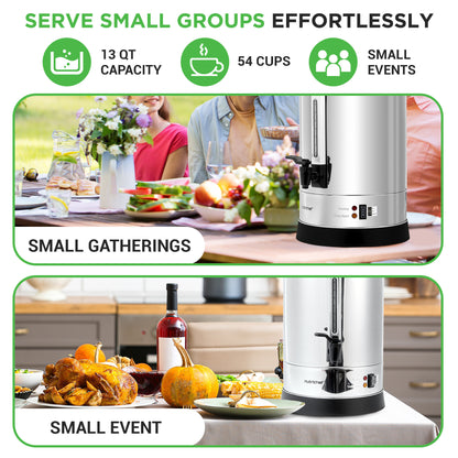 Beverage dispenser with text highlighting its capacity and use for small gatherings and events.