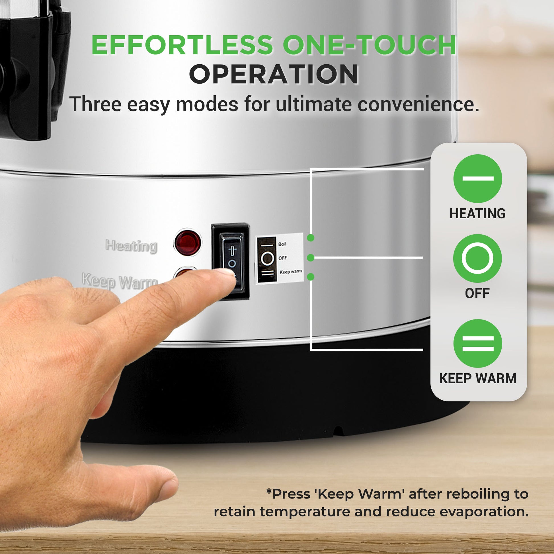 Hand pressing a button on an appliance with text about effortless one-touch operation.