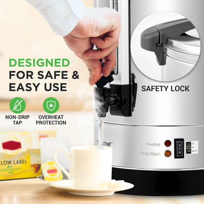 Tea maker with safety lock feature, hand pouring tea, and tea bags in the background.