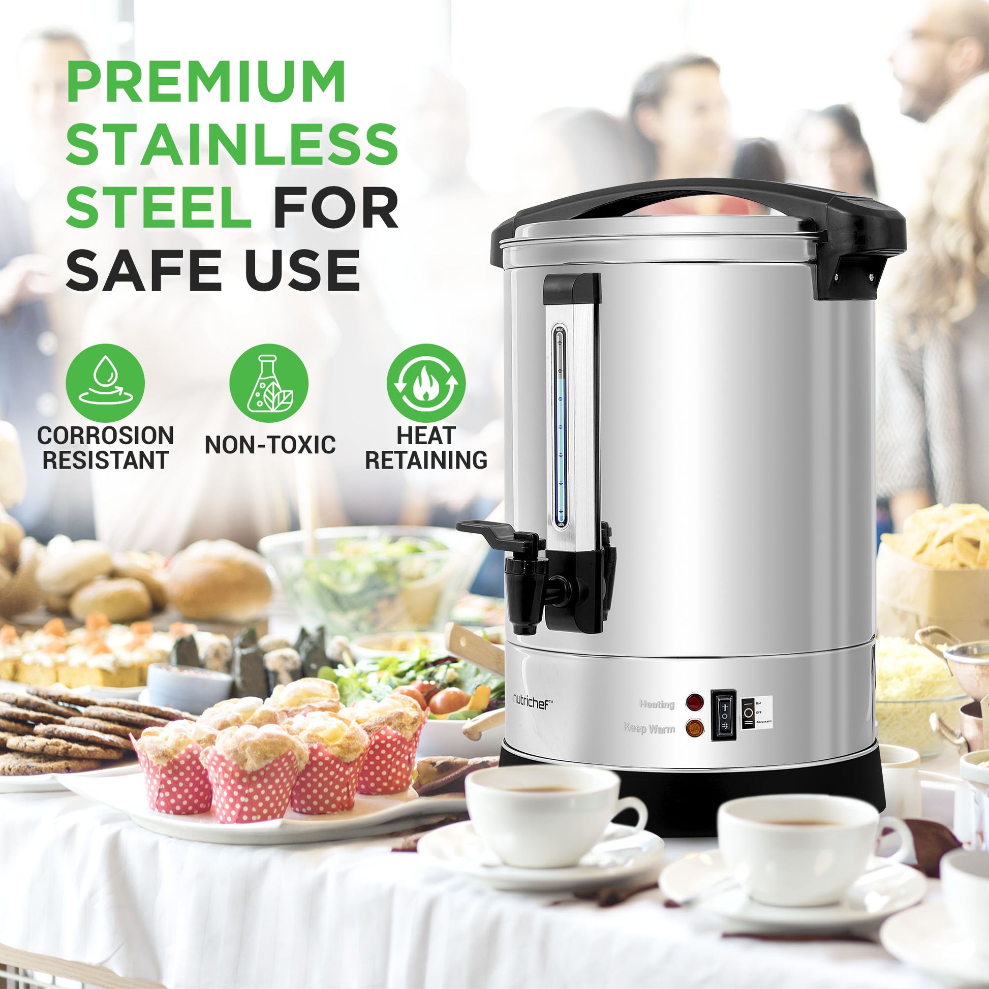 Stainless steel hot water dispenser on a table with food and people in the background, emphasizing safety features.