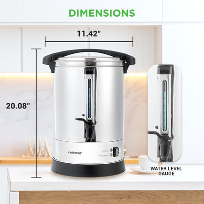 White electric kettle with black handle and base, dimensions displayed, on a kitchen counter.
