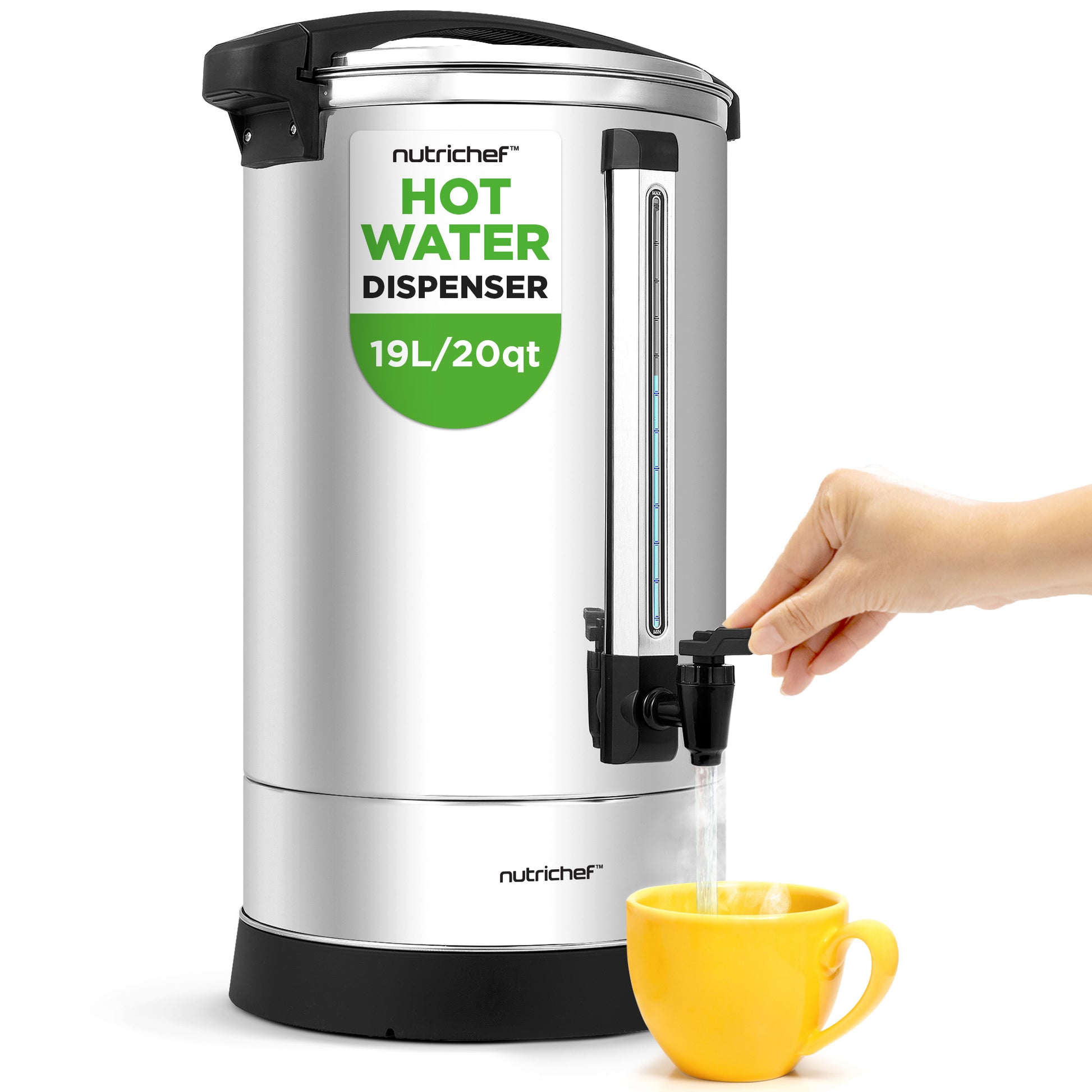 NutriChef hot water dispenser with a hand pouring water into a yellow mug on a white background