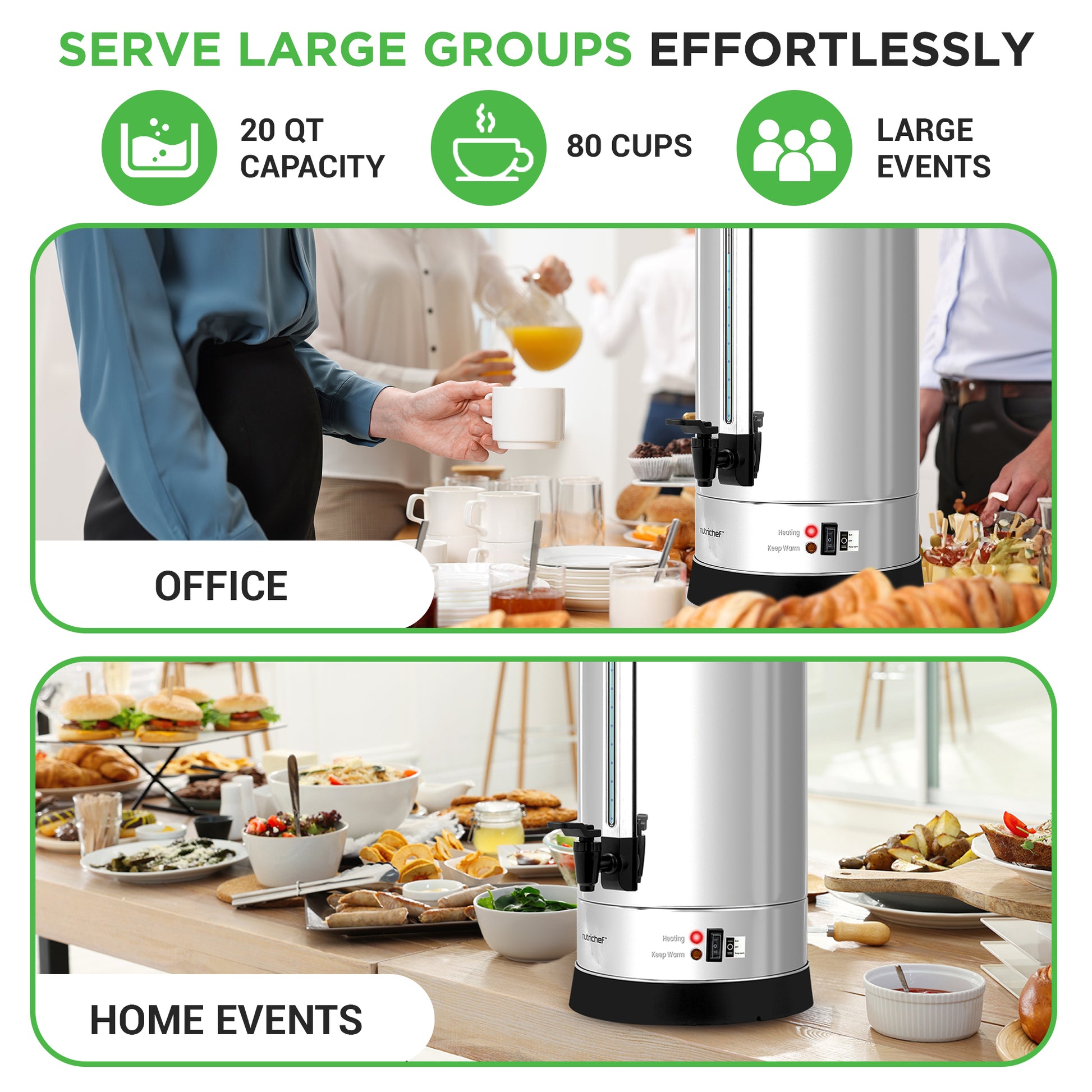 Coffee dispenser with capacity and usage information for office and home events.