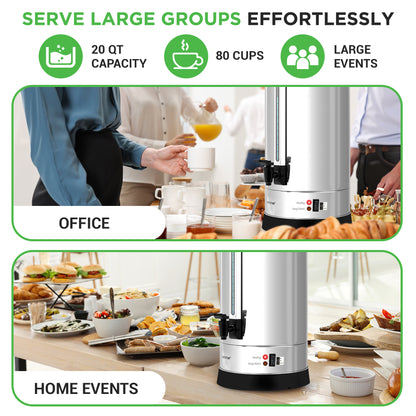 Coffee dispenser with capacity and usage information for office and home events.