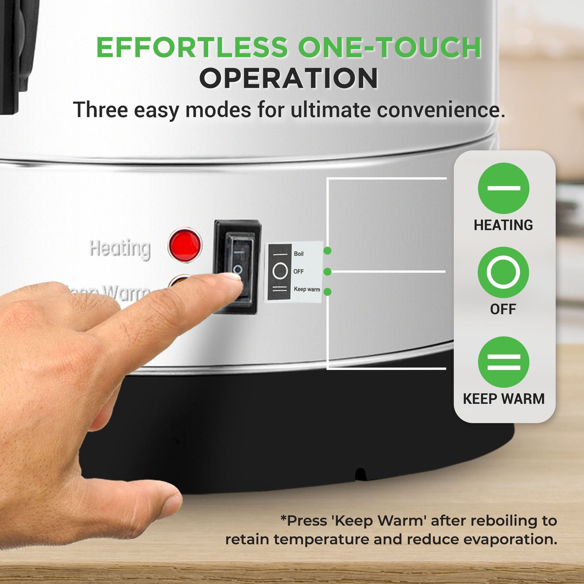 Hand pressing a button on a food warmer with control panel labels.