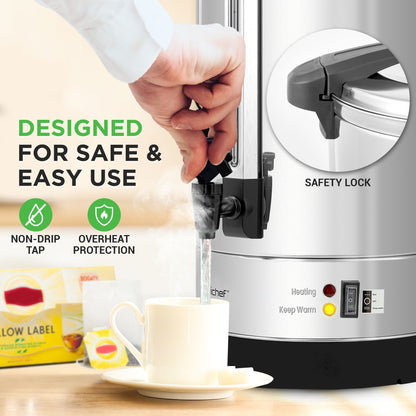 Electric kettle being used to pour water into a cup, with safety features highlighted.