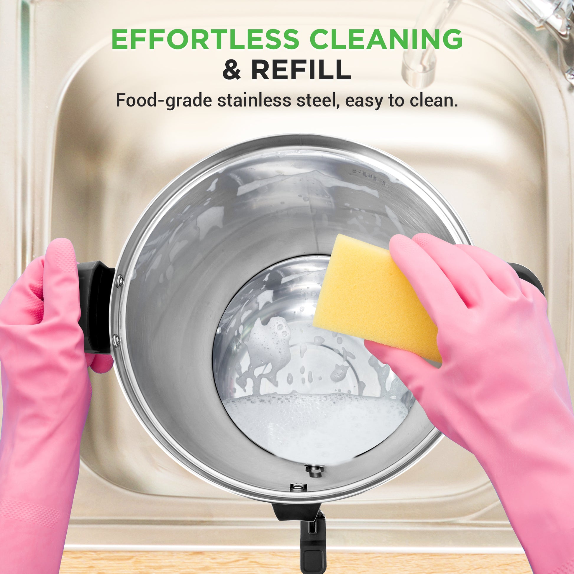 Person cleaning a stainless steel sink with a sponge and text about effortless cleaning and food-grade material.