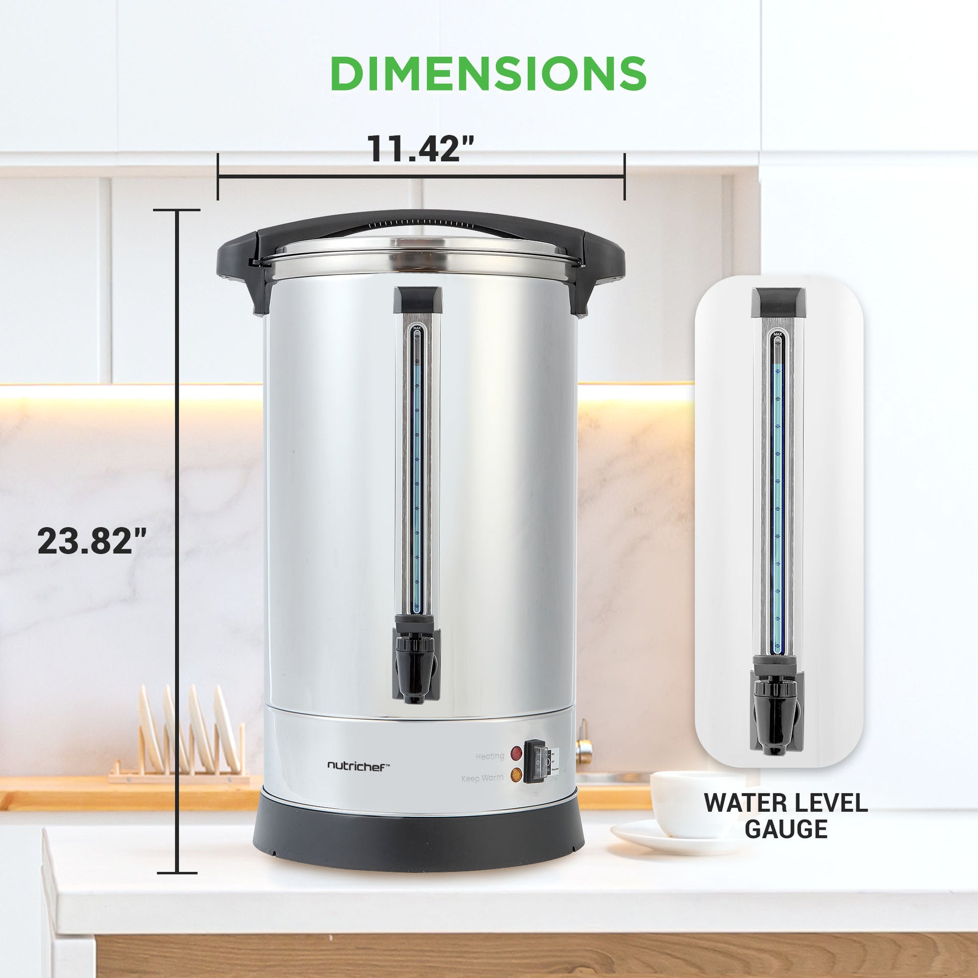 Stainless steel coffee urn with dimensions and water level gauge on a kitchen counter.