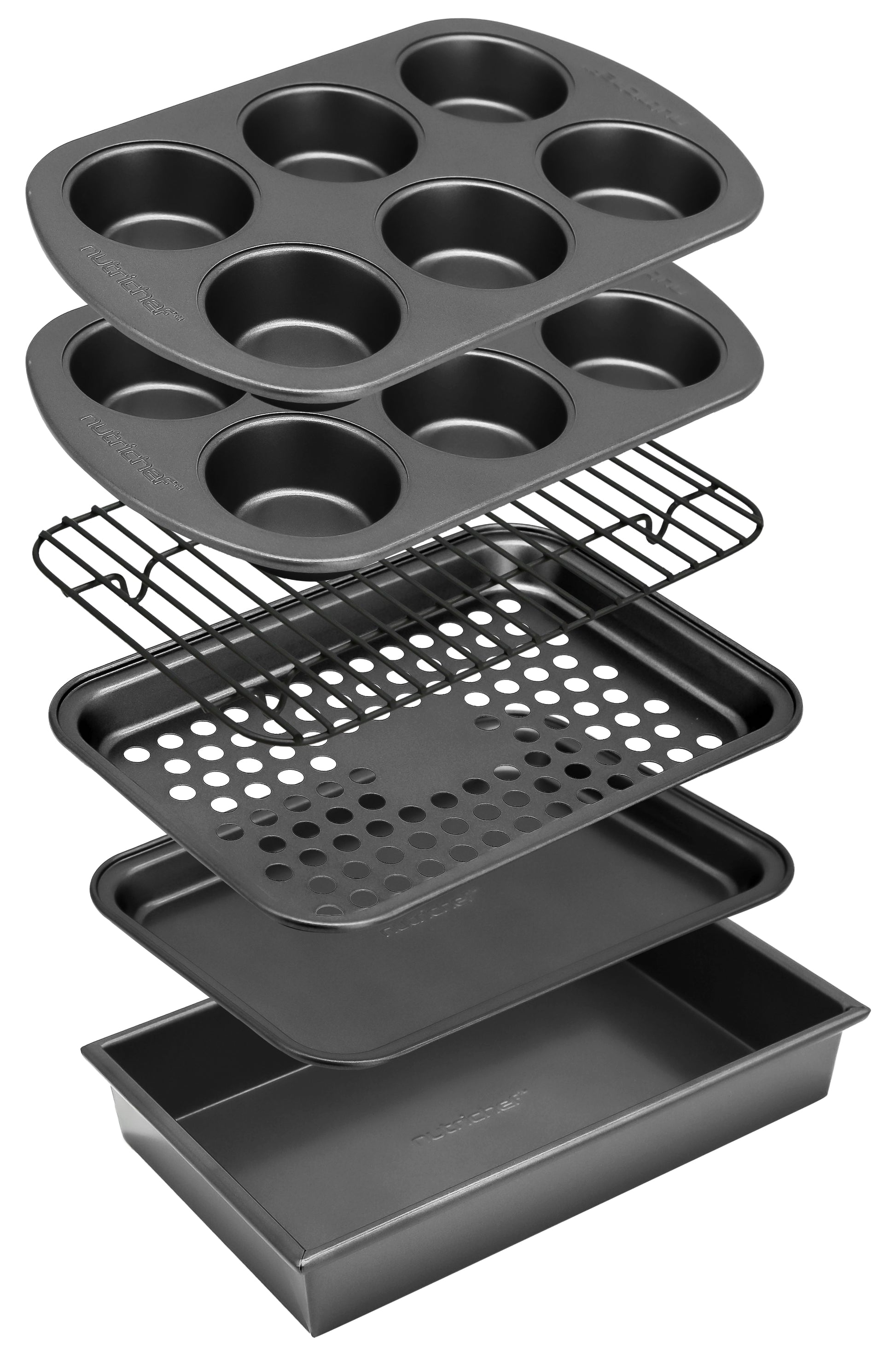 Set of NutriChef bakeware including muffin tray, cooling rack, and baking trays on a white background