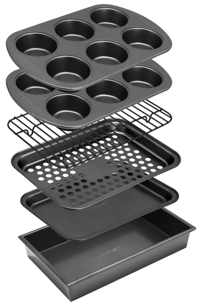Set of NutriChef bakeware including muffin tray, cooling rack, and baking trays on a white background