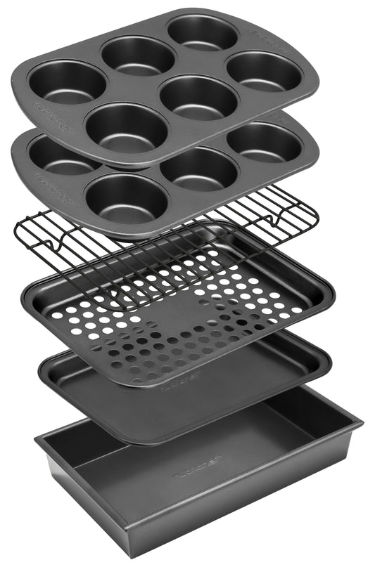 Set of NutriChef bakeware including muffin tray, cooling rack, and baking trays on a white background