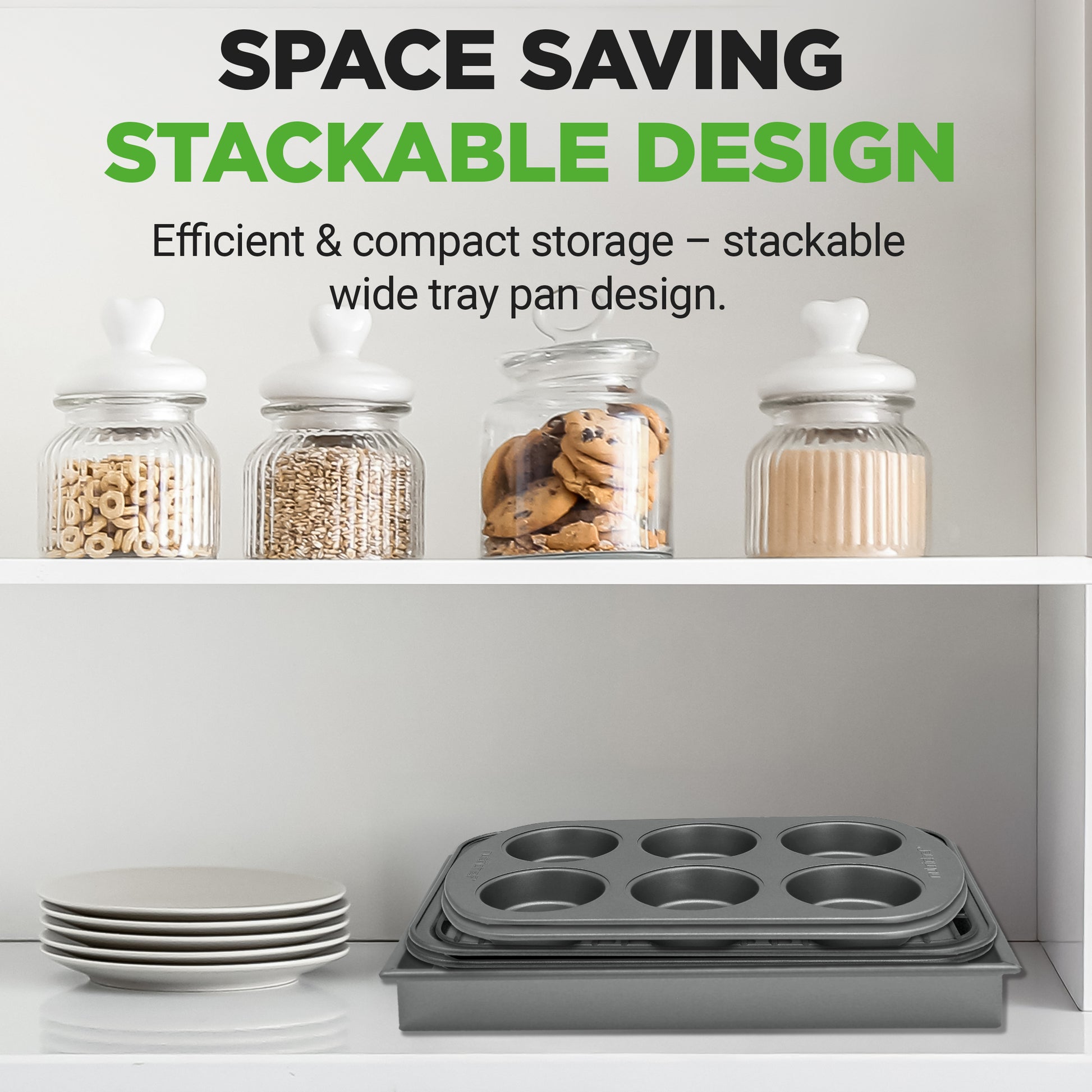 Stackable wide tray pan design with jars and plates on a shelf.