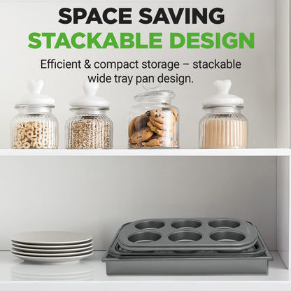 Stackable wide tray pan design with jars and plates on a shelf.