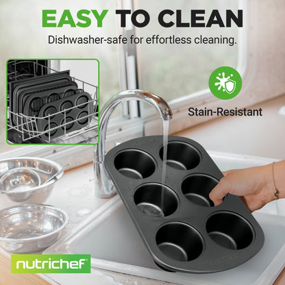 Black muffin tin being rinsed under a faucet with text indicating it is dishwasher-safe and stain-resistant, featuring the NutriChef brand.