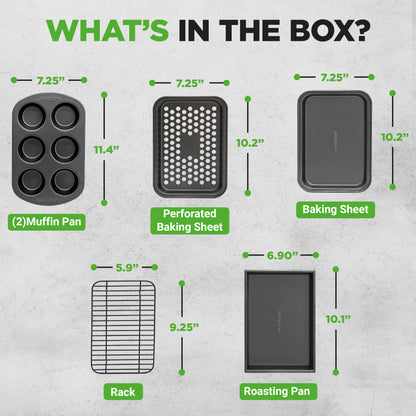 List of What's in the box with dimensions on a gray background