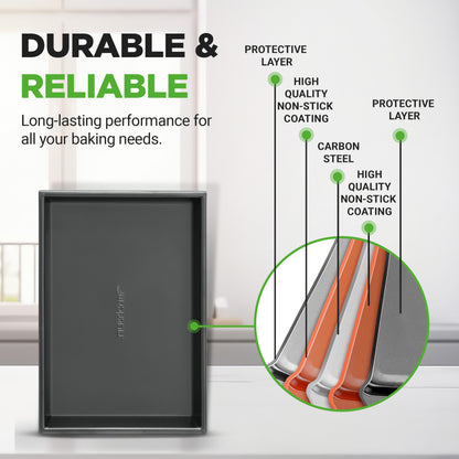 Baking tray with text highlighting durability and reliability, and a close-up of material layers.