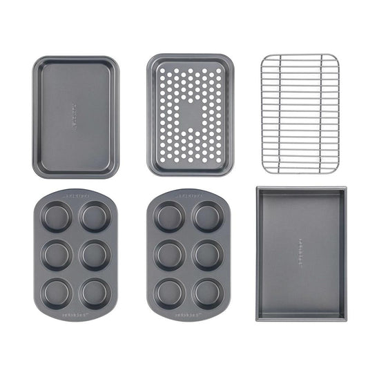 6 Pieces Toaster Bakeware Set - Stackable And Non-Stick Gray Coating Inside & Outside Bake Tray Sheet Bakeware Set (Gray)