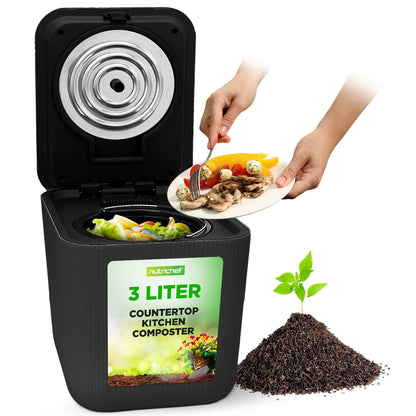 3-liter countertop kitchen composter with food waste disposal and compost pile illustration.