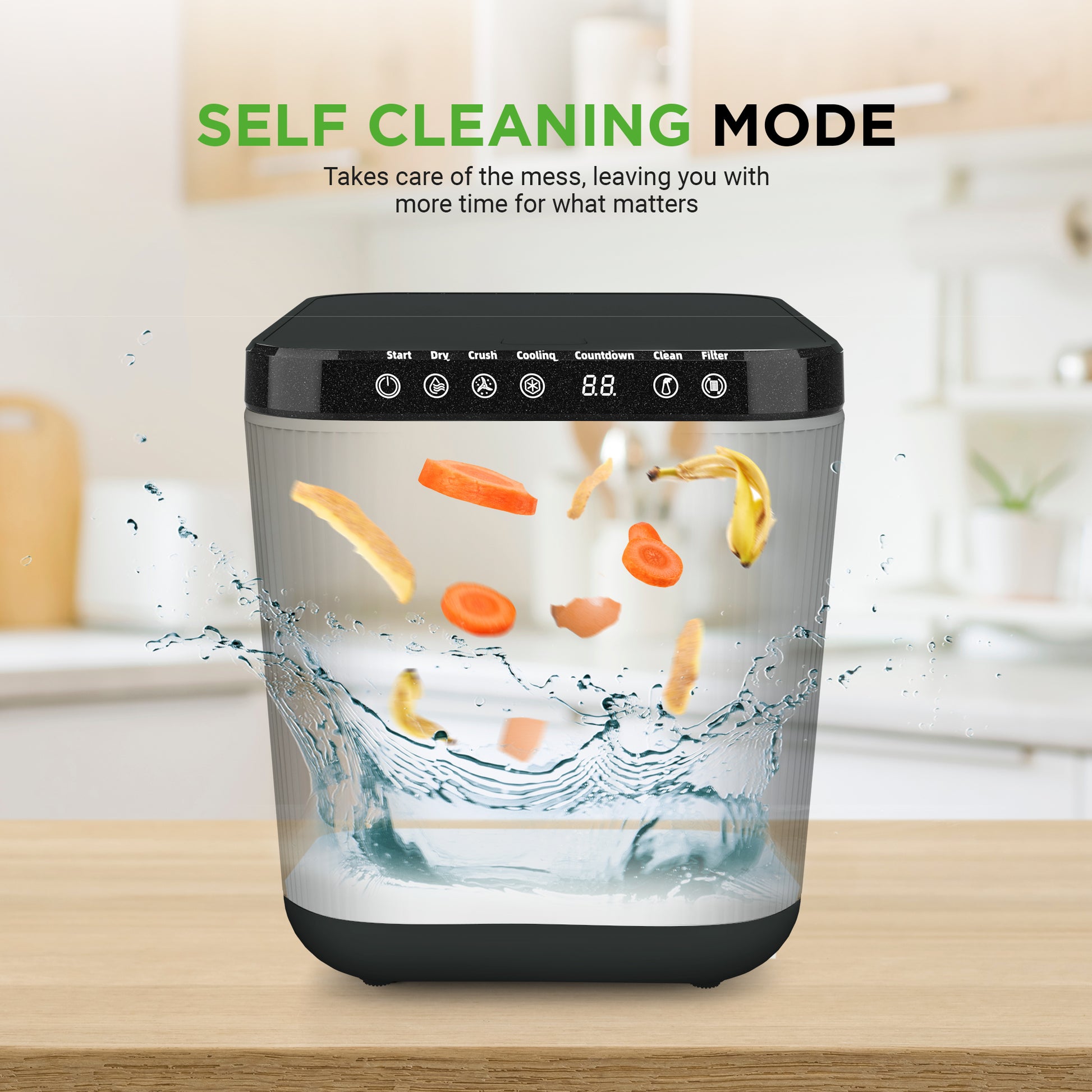 Self-cleaning mode appliance with vegetables being washed, on a kitchen counter.