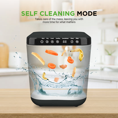Self-cleaning mode appliance with vegetables being washed, on a kitchen counter.