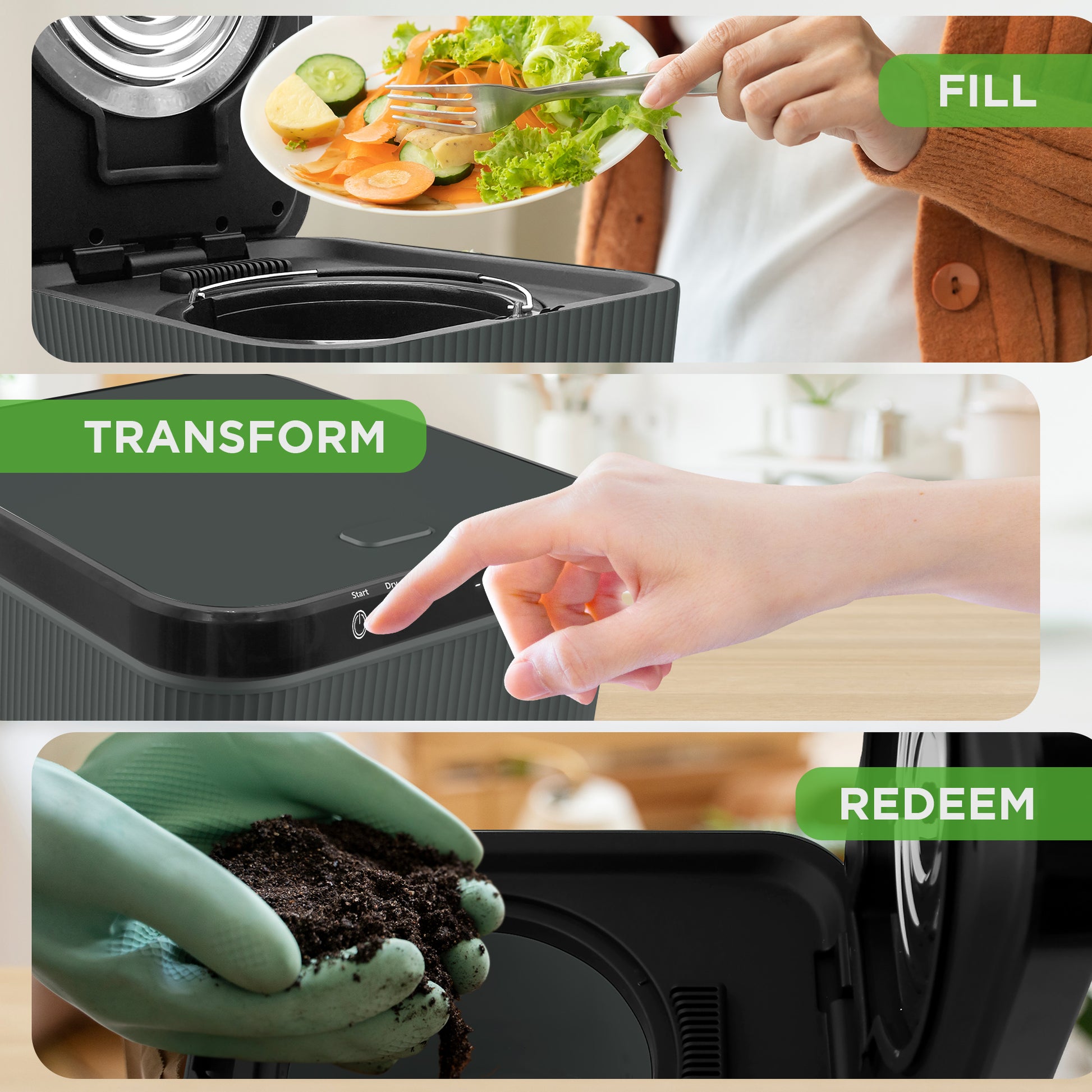 Collage of a kitchen appliance being used for food waste conversion into compost.