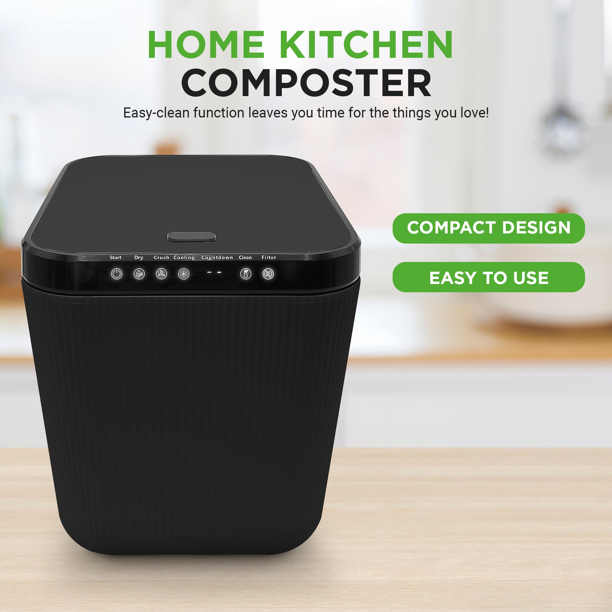 Black home kitchen composter with text highlighting features on a blurred kitchen background