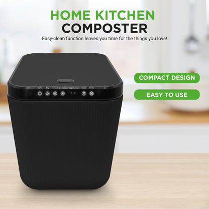 Black home kitchen composter with text highlighting features on a blurred kitchen background