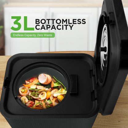 Black compost bin with food waste and '3L Bottomless Capacity' text on a light background