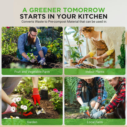 Collage of people gardening with text 'A Greener Tomorrow Starts in Your Kitchen' and images of gardening activities.