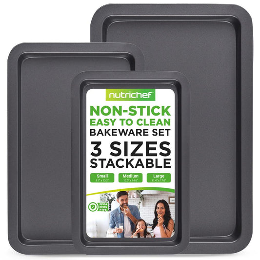 Plaque à pâtisserie antiadhésive 3 pièces - Plateaux de cuisson antiadhésifs de qualité professionnelle avec revêtement noir à l'intérieur et à l'extérieur 