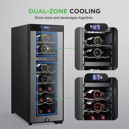 Cave à vin réfrigérante - Refroidisseur/Chiller à vin à double zone, contrôle par bouton tactile numérique avec joint hermétique, contient un emplacement pour bouteilles debout (capacité de stockage de 18 bouteilles) 