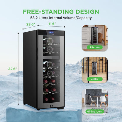 Cave à vin réfrigérante - Refroidisseur/Chiller à vin à double zone, contrôle par bouton tactile numérique avec joint hermétique, contient un emplacement pour bouteilles debout (capacité de stockage de 18 bouteilles) 