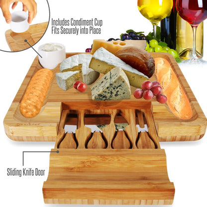 Ensemble de planche à découper en bambou - Plateau de service en bois plat pour pique-nique ou vin - Kit de plateau rectangulaire pour fruits et viandes avec bol, tiroir de fermeture, 4 couteaux en acier inoxydable - Nutrichef Pkczbd10 