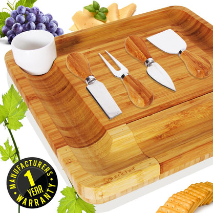 Ensemble de planche à découper en bambou - Plateau de service en bois plat pour pique-nique ou vin - Kit de plateau rectangulaire pour fruits et viandes avec bol, tiroir de fermeture, 4 couteaux en acier inoxydable - Nutrichef Pkczbd10 