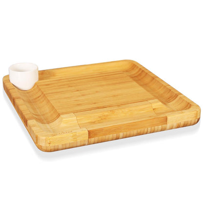 Ensemble de planche à découper en bambou - Plateau de service en bois plat pour pique-nique ou vin - Kit de plateau rectangulaire pour fruits et viandes avec bol, tiroir de fermeture, 4 couteaux en acier inoxydable - Nutrichef Pkczbd10 