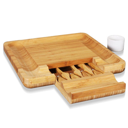 Ensemble de planche à découper en bambou - Plateau de service en bois plat pour pique-nique ou vin - Kit de plateau rectangulaire pour fruits et viandes avec bol, tiroir de fermeture, 4 couteaux en acier inoxydable - Nutrichef Pkczbd10 