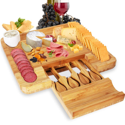 Ensemble de planche à découper en bambou - Plateau de service en bois plat pour pique-nique ou vin - Kit de plateau rectangulaire pour fruits et viandes avec bol, tiroir de fermeture, 4 couteaux en acier inoxydable - Nutrichef Pkczbd10 