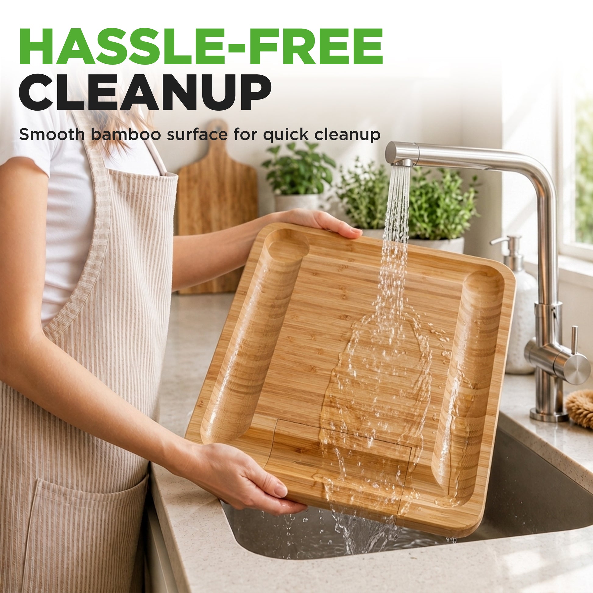 Person washing a bamboo tray under running water with text 'Hassle-Free Cleanup' in a kitchen setting.