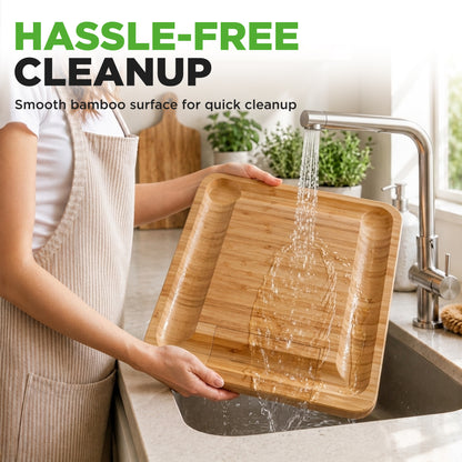 Person washing a bamboo tray under running water with text 'Hassle-Free Cleanup' in a kitchen setting.