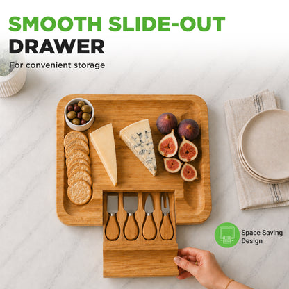 Wooden cutting board with cheese, figs, crackers, and utensils on a marble surface with text about a smooth slide-out drawer.