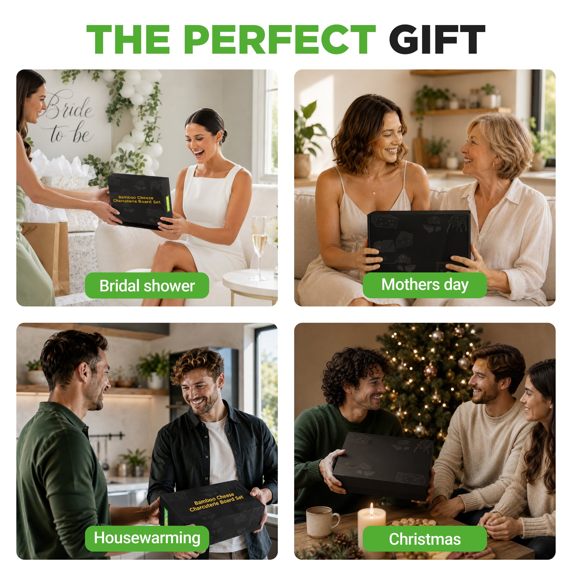 Collage of people receiving a gift labeled for different occasions: bridal shower, mothers day, housewarming, and Christmas.