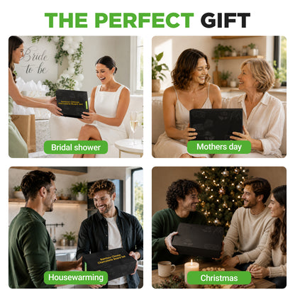 Collage of people receiving a gift labeled for different occasions: bridal shower, mothers day, housewarming, and Christmas.