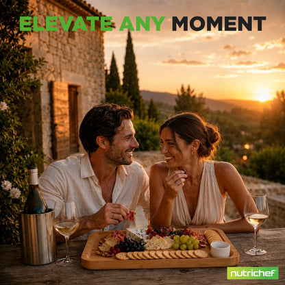Couple enjoying a sunset meal with Nutrichef branding.